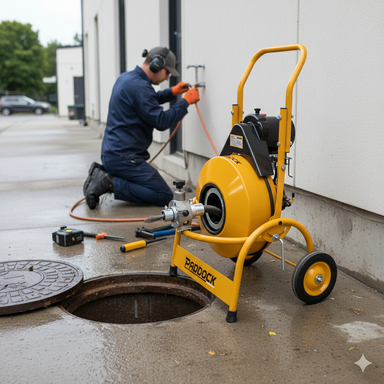 A worker in protective gear kneels by a building, using tools near an open manhole. A Paddock Drum Drain Cleaner by Paddock is positioned on the wet pavement beside him, ready for efficient pipe blockage removal.