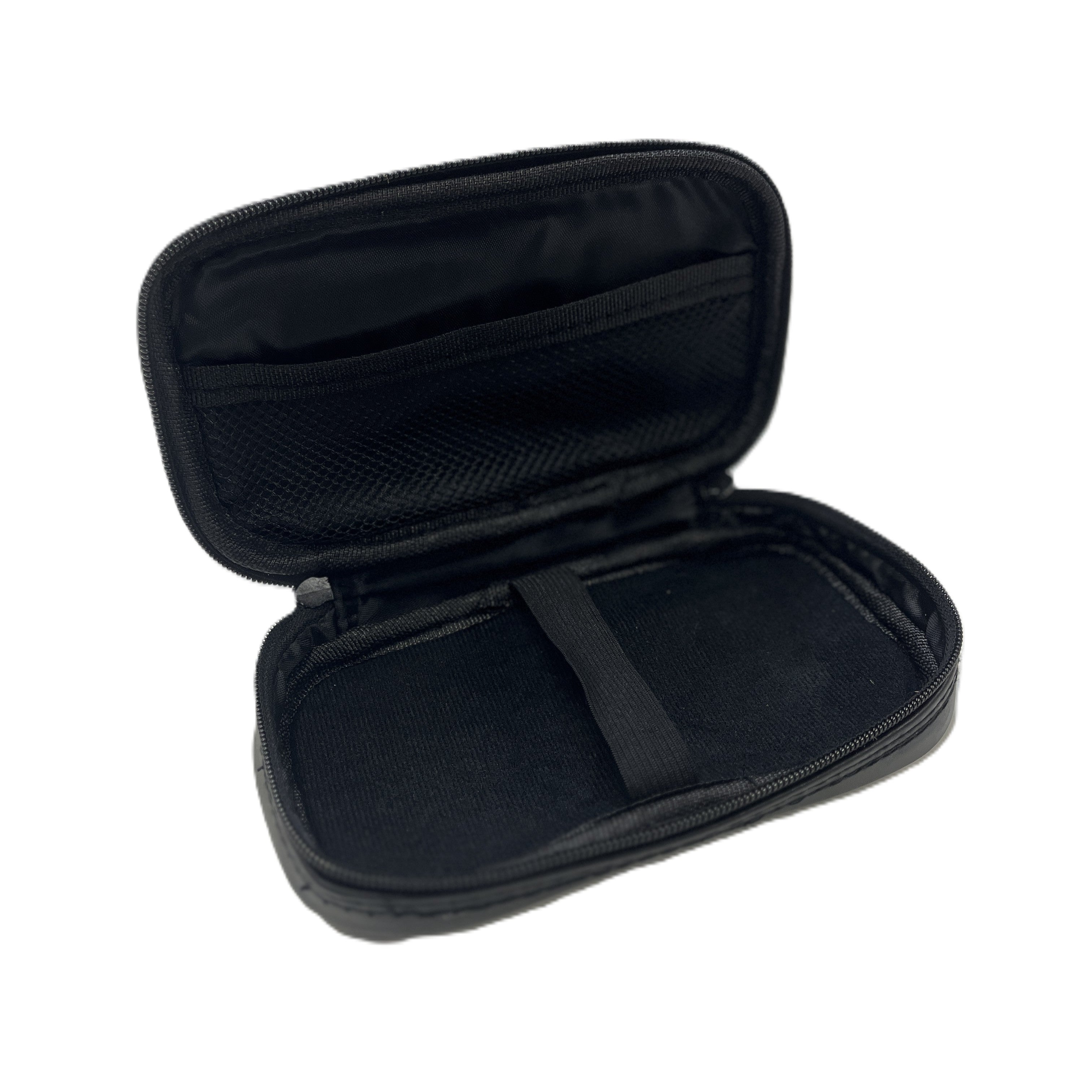 A black zippered carrying case with an open lid, featuring a mesh pocket on the top and an elastic strap inside the bottom compartment, all lined with soft fabric—perfect for safely storing your Sherpa 4x4 Digital Tyre Deflator & Gauge with Quick Connect Fittings.