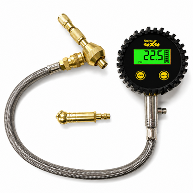 The Sherpa 4x4 Digital Tyre Deflator & Gauge with Quick Connect Fittings features a flexible metal hose, brass connectors, quick connect fittings, and a green-lit display showing 22.5 PSI, with an additional brass fitting located below the hose.