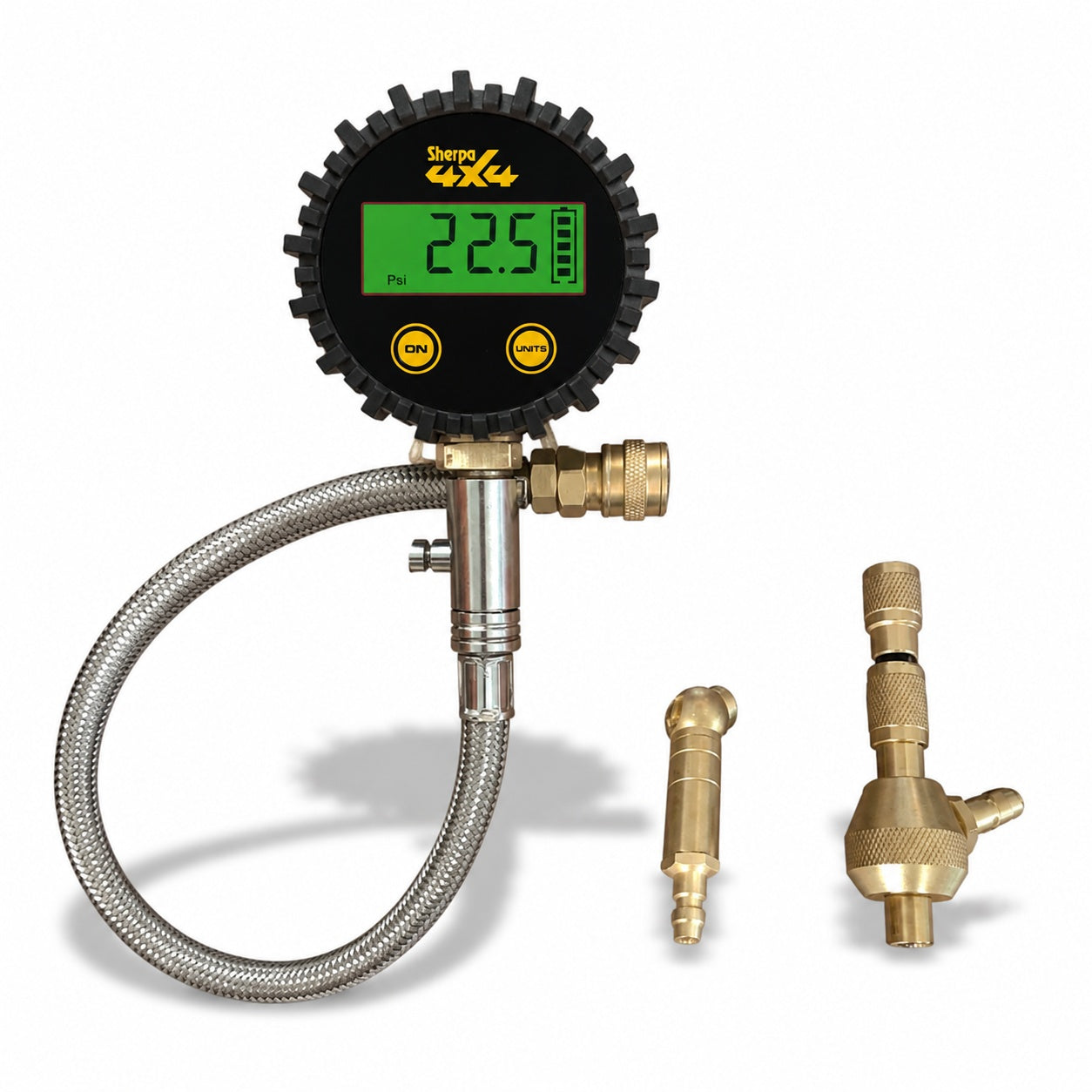The Sherpa 4x4 Digital Tyre Deflator & Gauge with Quick Connect Fittings features a braided hose, brass connectors, and a green-lit digital display showing 22.5 psi. Two separate brass valve attachments with quick connect fittings are positioned to the right of the main device, making this Sherpa 4x4 product ideal for use as a digital tyre deflator.