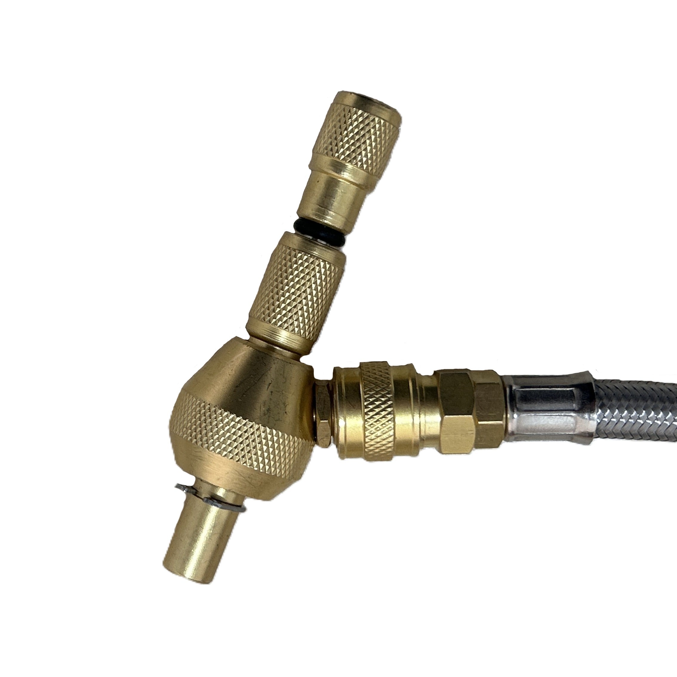 A close-up of the Sherpa 4x4 Digital Tyre Deflator & Gauge with brass quick-connect fittings and knurled grips, attached to a braided hose, ideal for accurate tyre pressure checks, shown isolated on a white background.