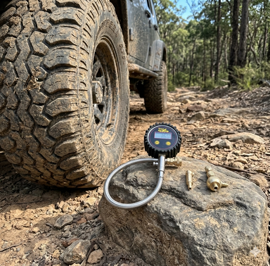 The Sherpa 4x4 Digital Tyre Deflator & Gauge with Quick Connect Fittings rests on a rock beside a muddy off-road tyre along a rugged, rocky forest trail.