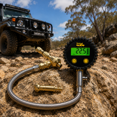 The Sherpa 4x4 Digital Tyre Deflator & Gauge with Quick Connect Fittings sits on a rock outdoors, clearly showing a reading of 22.5 PSI. In the softly focused background, a 4x4 adventure vehicle is parked among rocks and trees beneath a blue sky—underscoring how crucial precise tyre pressure monitoring is for adventure enthusiasts, thanks to Sherpa 4x4’s reliable equipment.