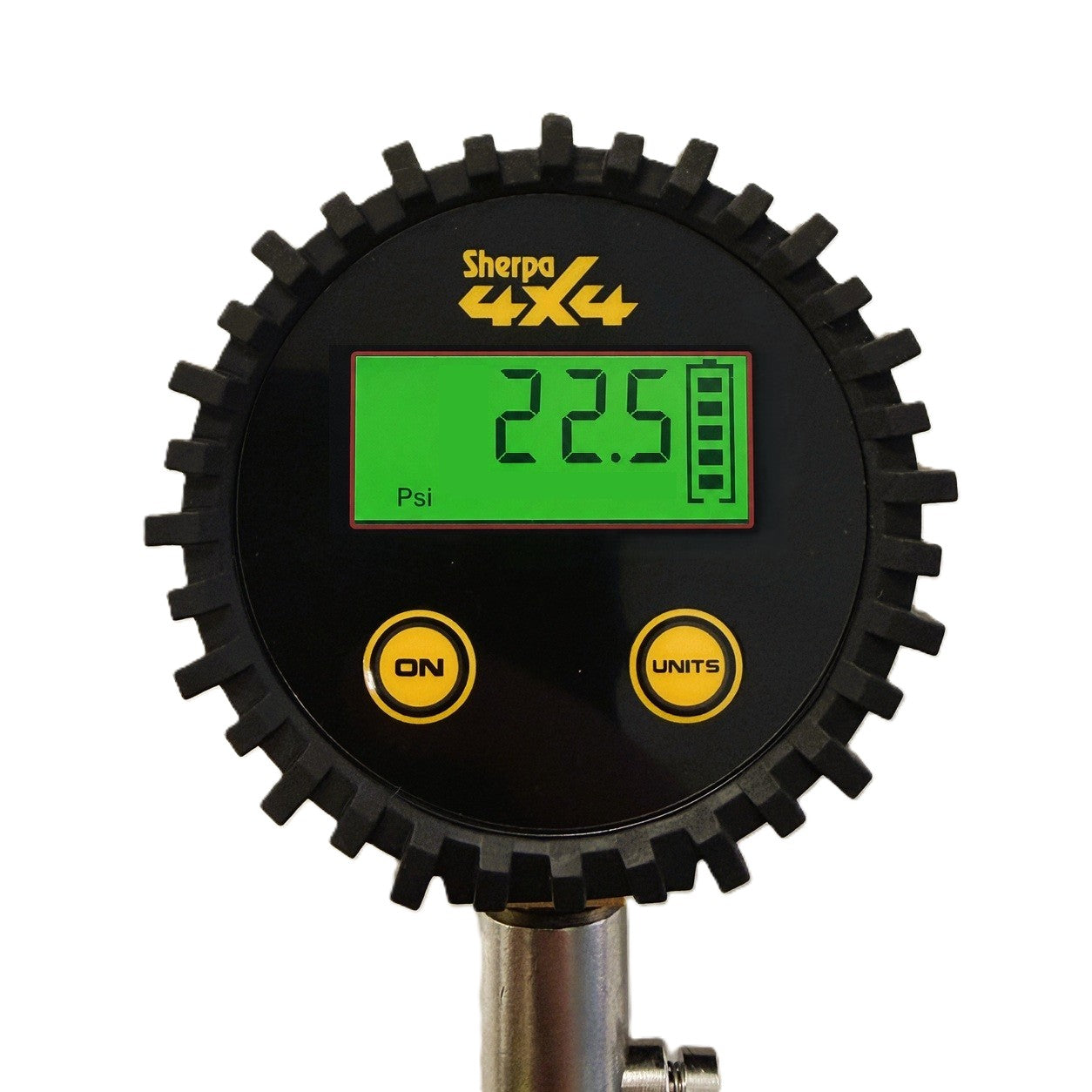 The Sherpa 4x4 Digital Tyre Deflator & Gauge with Quick Connect Fittings displays a pressure reading of 22.5 PSI, featuring the Sherpa 4x4 logo above the screen and yellow ON and UNITS buttons below. Its quick connect fittings ensure easy attachment for hassle-free use on every off-road adventure.