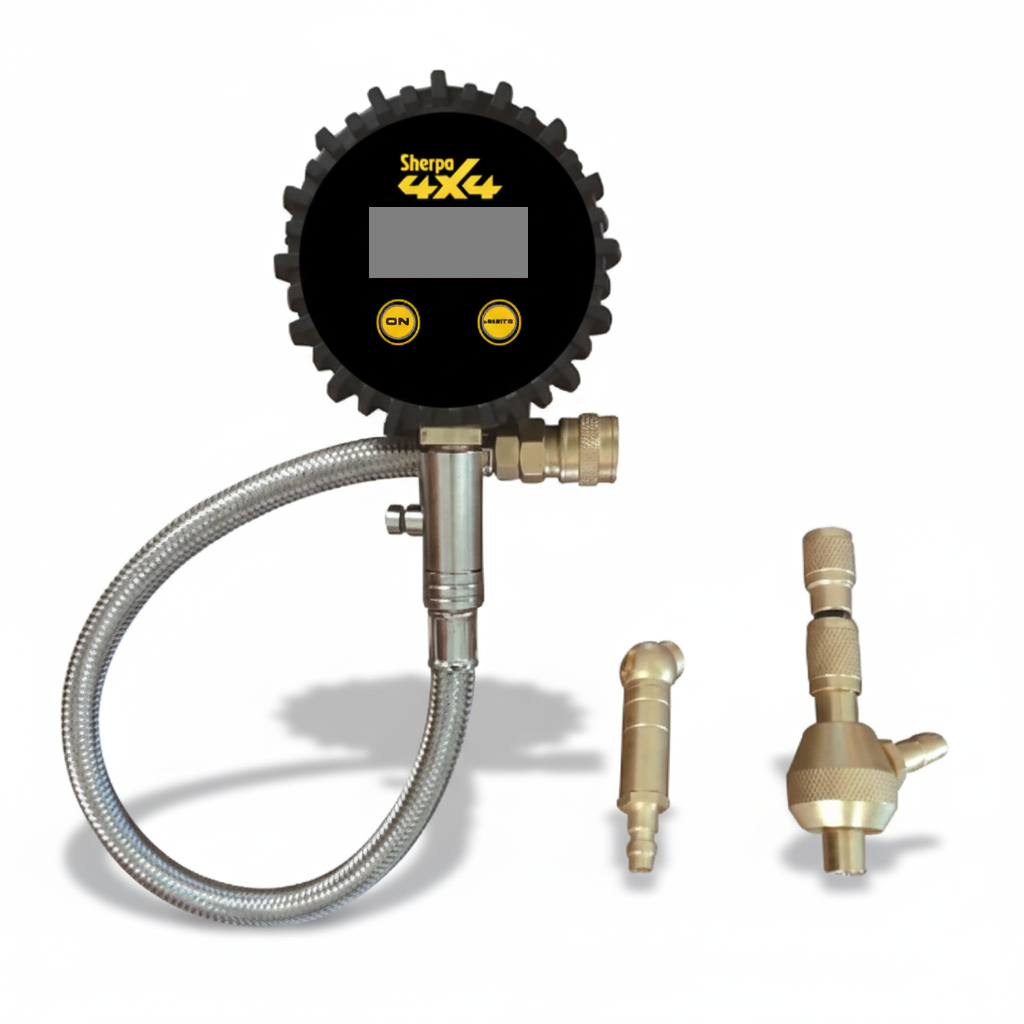 Digital tyre pressure gauge with hose and deflator on a white background
