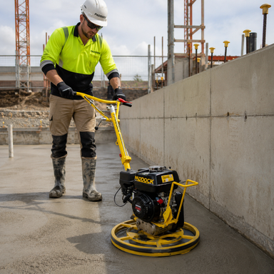 A construction worker uses a yellow Paddock Honda Edging Trowel, a type of concreting machine from Paddock, to smooth wet concrete at a building site. He wears a hard hat, gloves, high-visibility shirt, and boots. Steel supports and cranes are visible in the background, highlighting the use of industrial construction equipment on site.