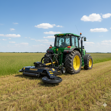 A green tractor with yellow wheels tows the Paddock PTO Rotary Mower with Swing Arm, cutting grass efficiently in a flat rural field under a blue sky. The Paddock brand ensures reliable mowing across expansive landscapes.