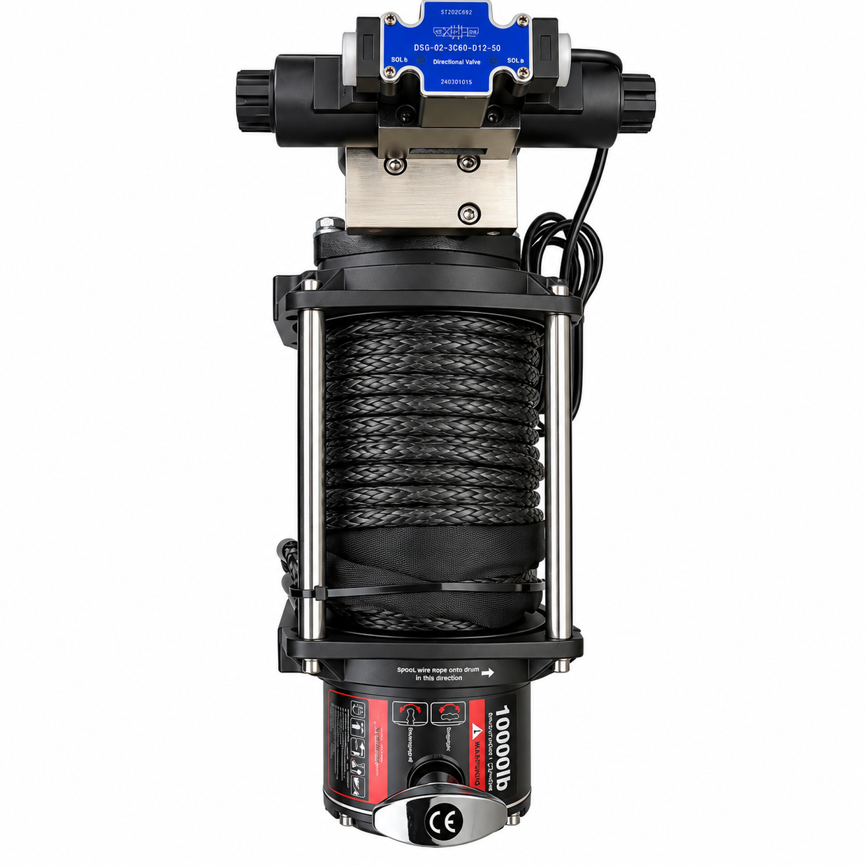 Sherpa 4x4 Hydraulic Winch – 10,000lb, 15,000lb & 20,000lb featuring a black rope drum, a solenoid valve assembly on top, and safety warning labels on the base.