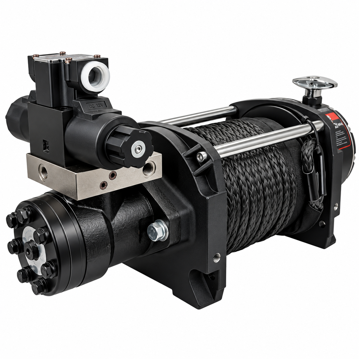 Black Sherpa 4x4 Hydraulic Winch with a thick synthetic rope wound around the heavy-duty central drum.