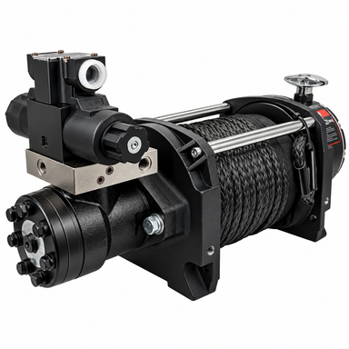 Black Sherpa 4x4 Hydraulic Winch with a thick synthetic rope wound around the heavy-duty central drum.