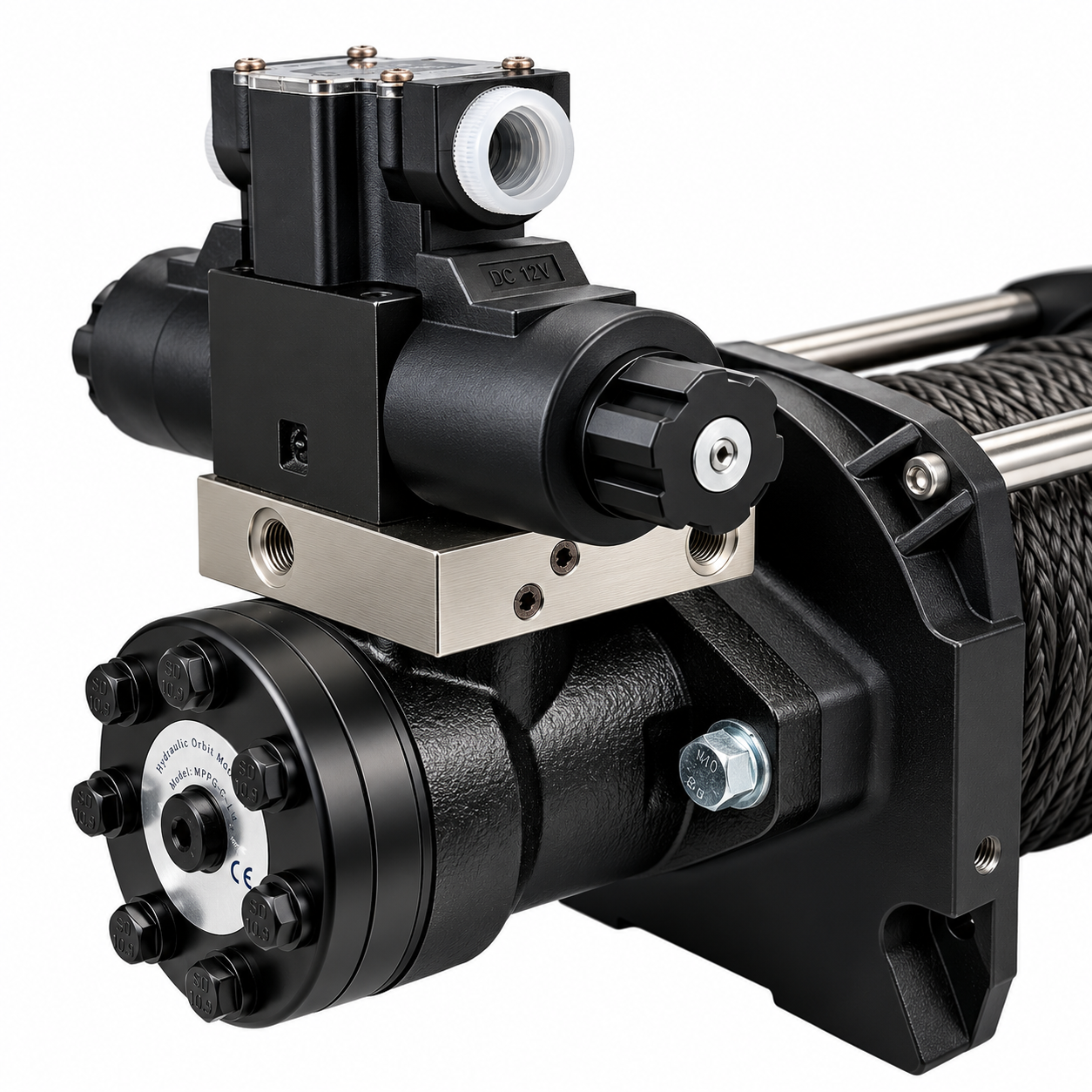 Close-up of a black Sherpa 4x4 Hydraulic Winch showing the metallic mounting plate, solenoid control block, and cable wrapped around the spool.