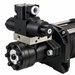 Close-up of a black Sherpa 4x4 Hydraulic Winch showing the metallic mounting plate, solenoid control block, and cable wrapped around the spool.