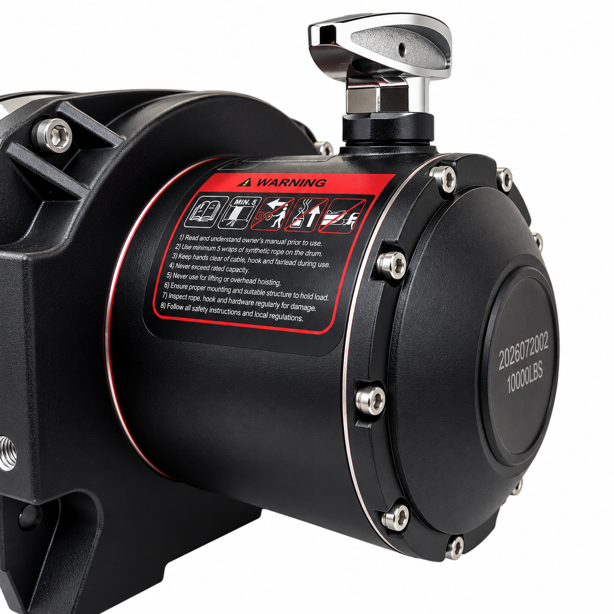 Black heavy-duty Sherpa 4x4 Hydraulic Winch featuring a red warning label with safety instructions and a metal clutch lever on top.