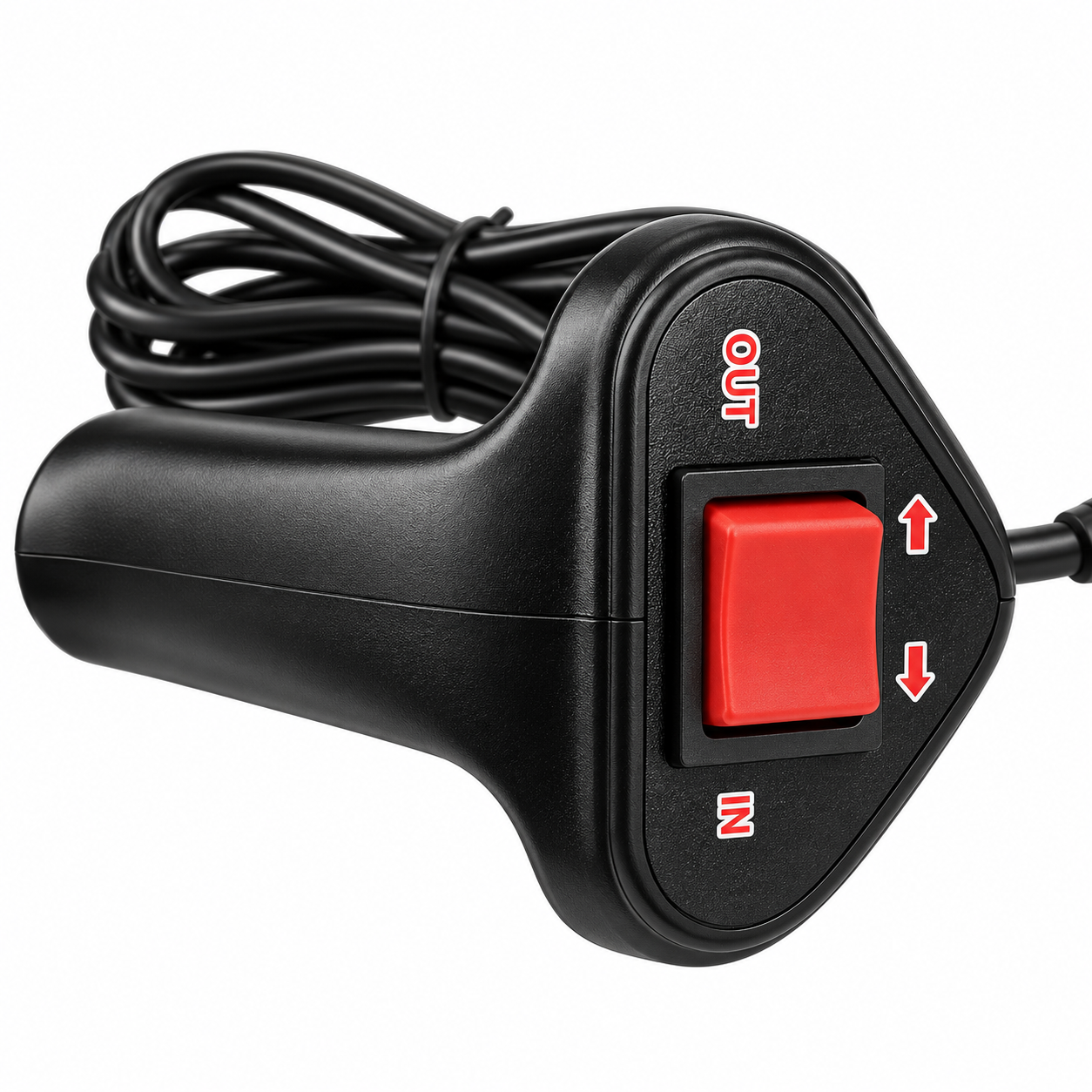 Black handheld remote for a Sherpa 4x4 Hydraulic Winch – 10,000lb, 15,000lb & 20,000lb featuring a red rocker switch labeled IN and OUT with corresponding directional arrows.