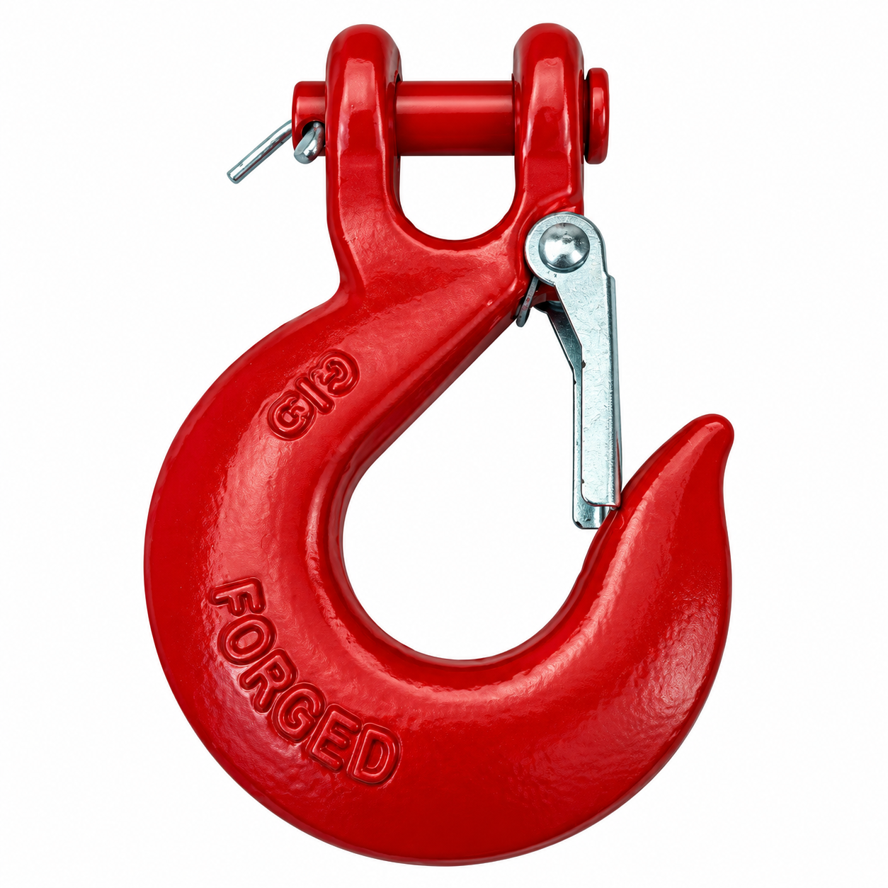 Red metal tow hook with a safety latch and attached clevis shackle for a Sherpa 4x4 Hydraulic Winch.
