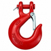 Red metal tow hook with a safety latch and attached clevis shackle for a Sherpa 4x4 Hydraulic Winch.