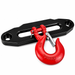 Red heavy-duty forged steel tow hook with a shackle attached to a black metal hawse fairlead on a Sherpa 4x4 Hydraulic Winch.