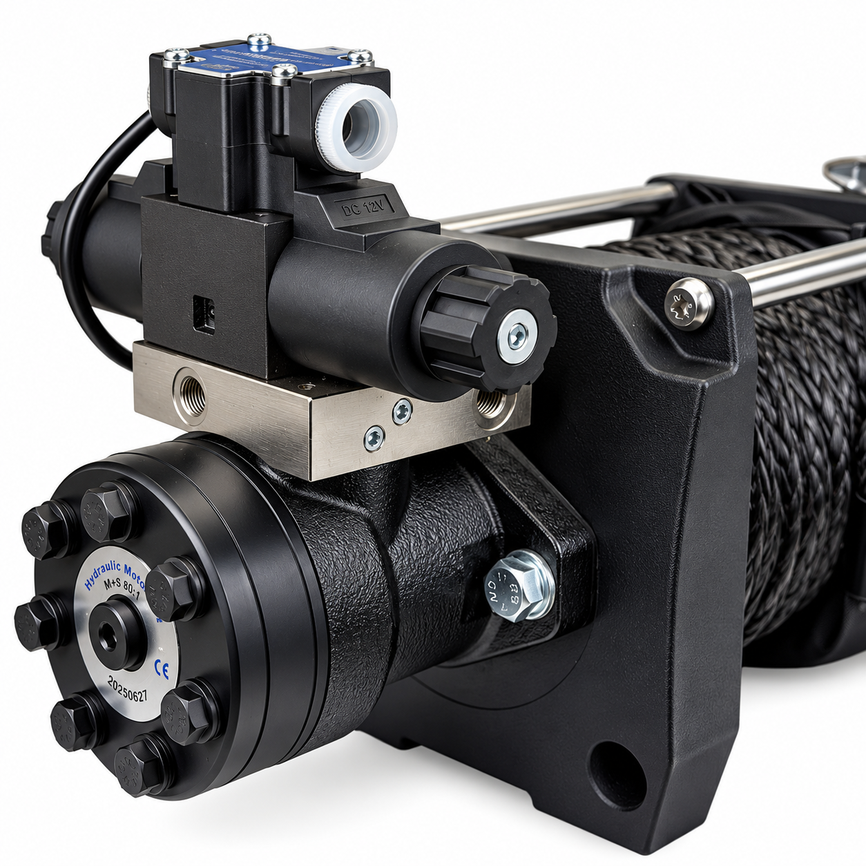 A close-up of a Sherpa 4x4 Hydraulic Winch showing the heavy-duty motor, control block, and a spool of steel cable.