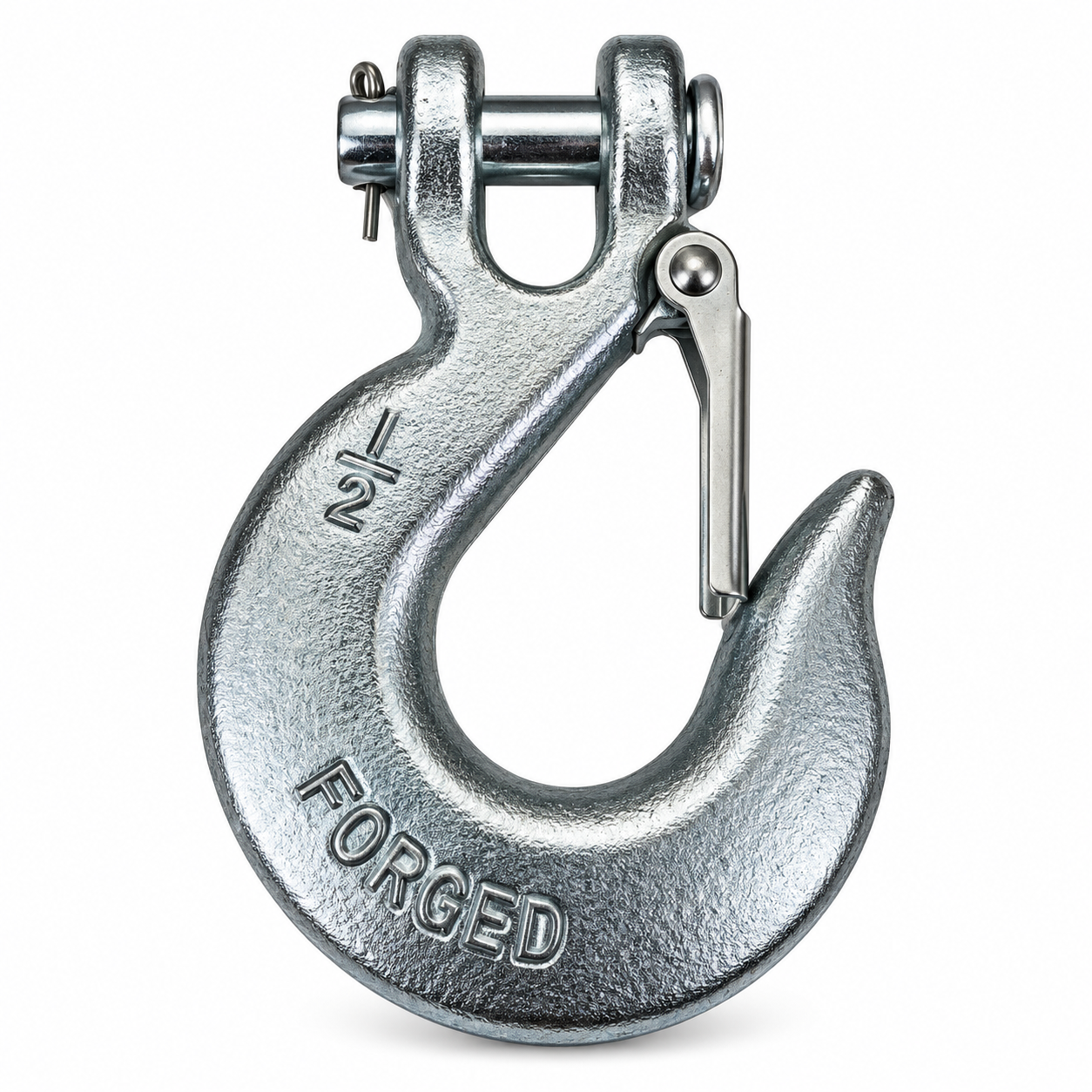 Forged metal clevis slip hook for a Sherpa 4x4 Hydraulic Winch, featuring a spring-loaded safety latch and embossed with 1/2.