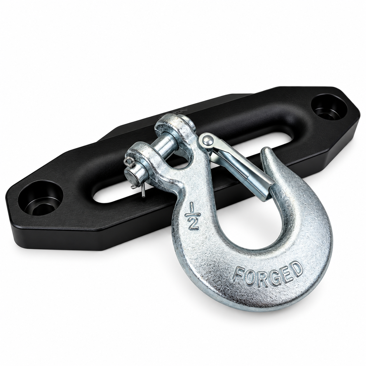 A silver metal hook with a safety latch resting on the black hawse fairlead of a Sherpa 4x4 Hydraulic Winch.