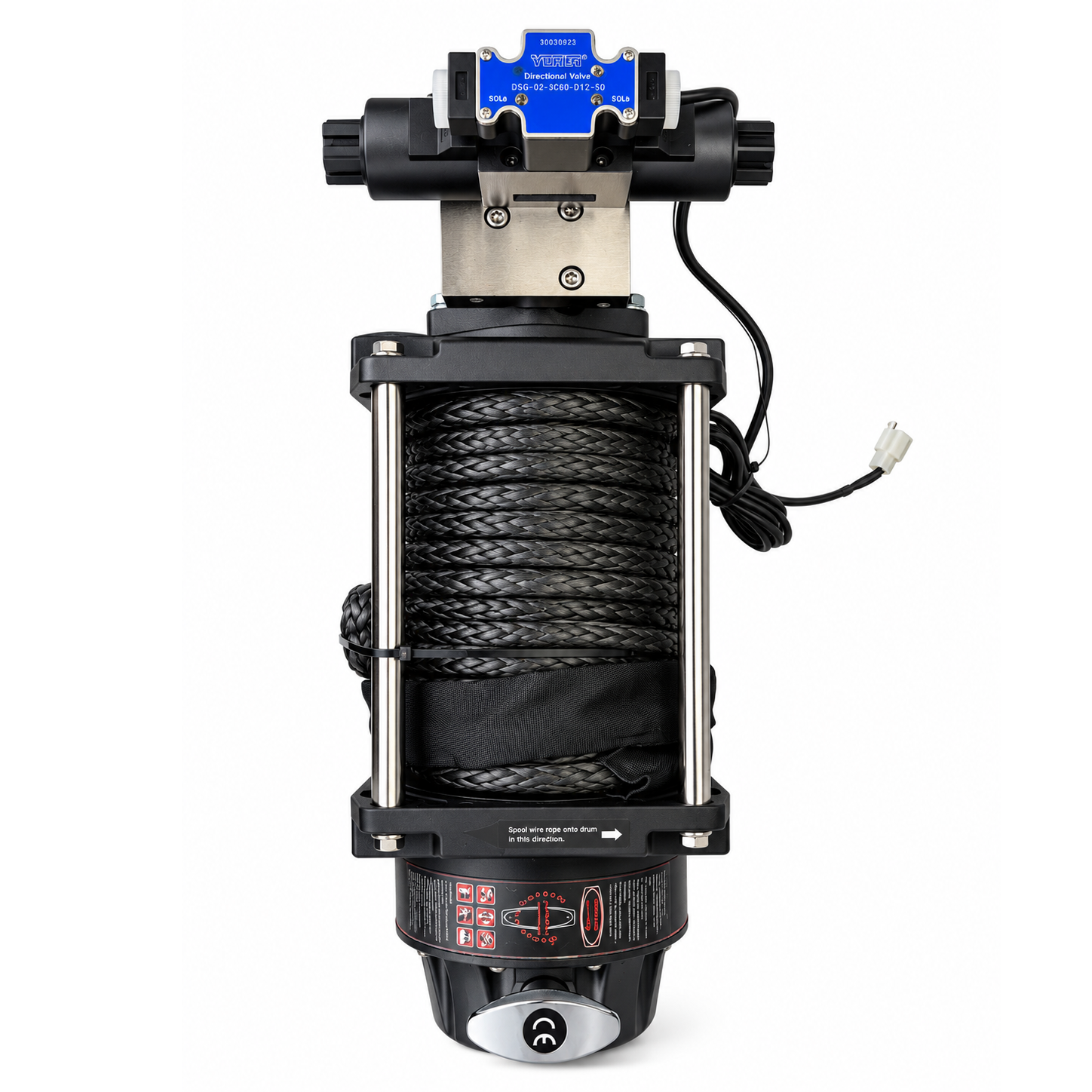 Sherpa 4x4 Hydraulic Winch featuring a black synthetic rope drum, a top-mounted directional valve, and a warning label indicating spool direction.