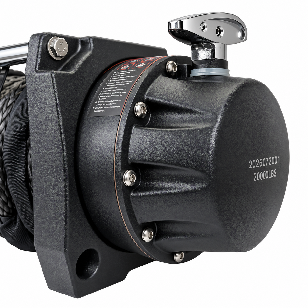 Close-up of a black heavy-duty Sherpa 4x4 Hydraulic Winch with a metallic adjustment lever and a warning label, marked with a capacity of 20,000lb.