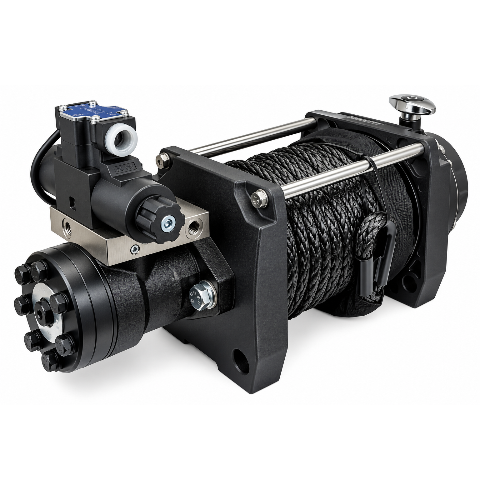 Black heavy-duty Sherpa 4x4 Hydraulic Winch with a thick synthetic rope wound around the central drum.