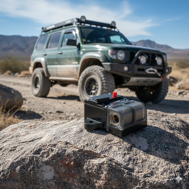 A close-up of a Scintex Inline 300 Amp Circuit Breaker on a cluttered workbench with tools and wires; a vehicle appears blurred in the background of the workshop.