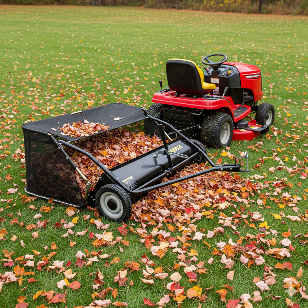 A red riding lawn mower tows a Paddock Lawn Sweeper by Paddock, picking up orange and yellow autumn leaves from a green lawn scattered with fallen foliage.