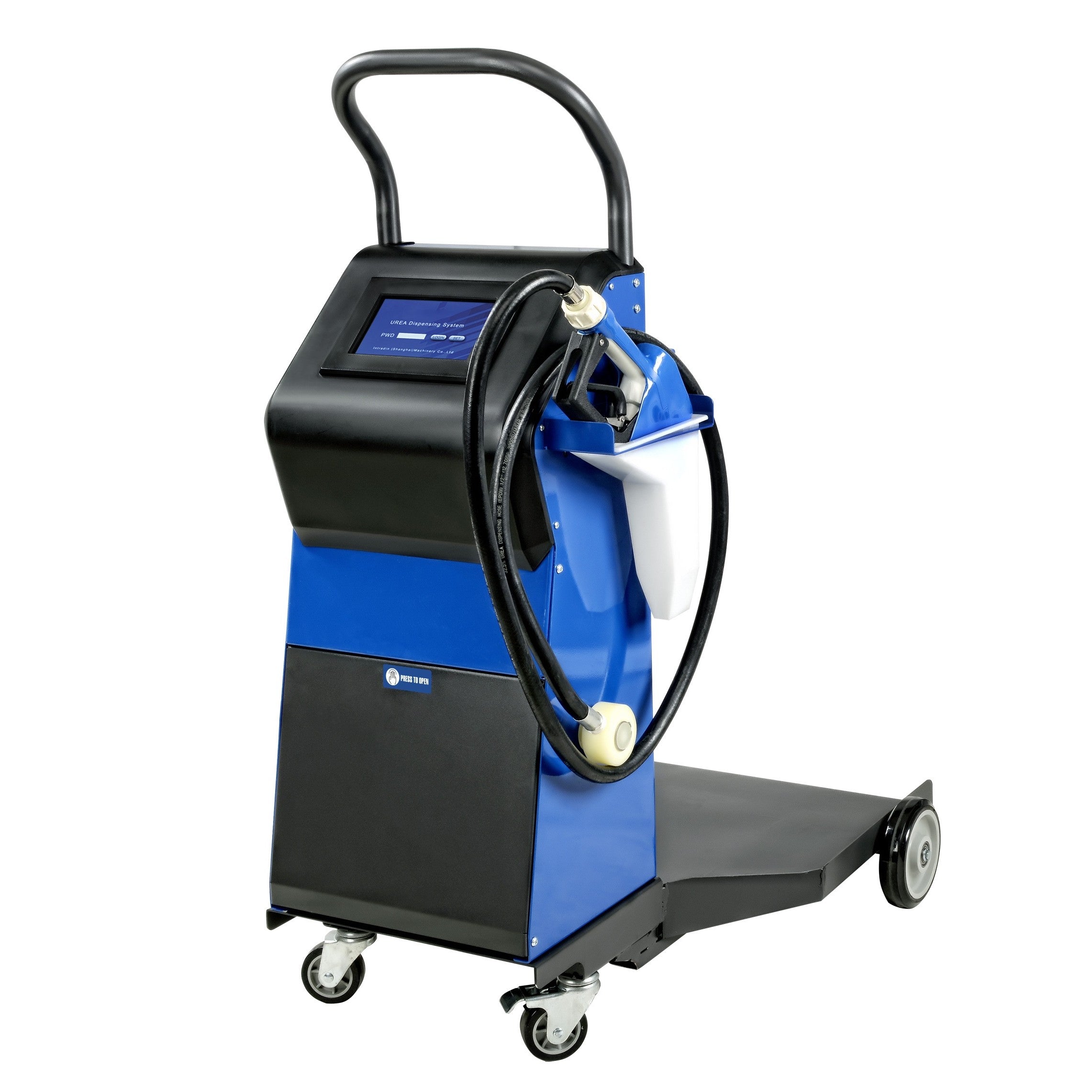 The Scintex Mobile DEF / AdBlue Dispensing Kit is a portable blue and black unit with wheels, handle, touchscreen display, and hose with nozzle—ideal for automotive or industrial fluid dispensing needs.