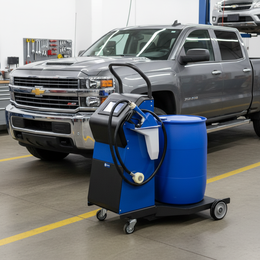 A gray Chevrolet pickup truck is parked in an auto repair shop. In the foreground, a Scintex Mobile DEF / AdBlue Dispensing Kit with a large blue drum stands on the floor near the vehicle.
