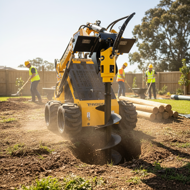 A Paddock Post Hole Digger Attachment by Paddock is used with a yellow skid steer to drill into the soil at a sunny construction site, as workers in vests and helmets work nearby in a fenced yard with wooden posts and trees.