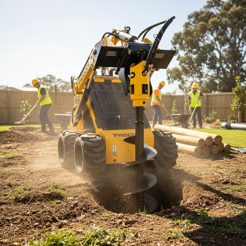 A Paddock Post Hole Digger Attachment by Paddock is used with a yellow skid steer to drill into the soil at a sunny construction site, as workers in vests and helmets work nearby in a fenced yard with wooden posts and trees.