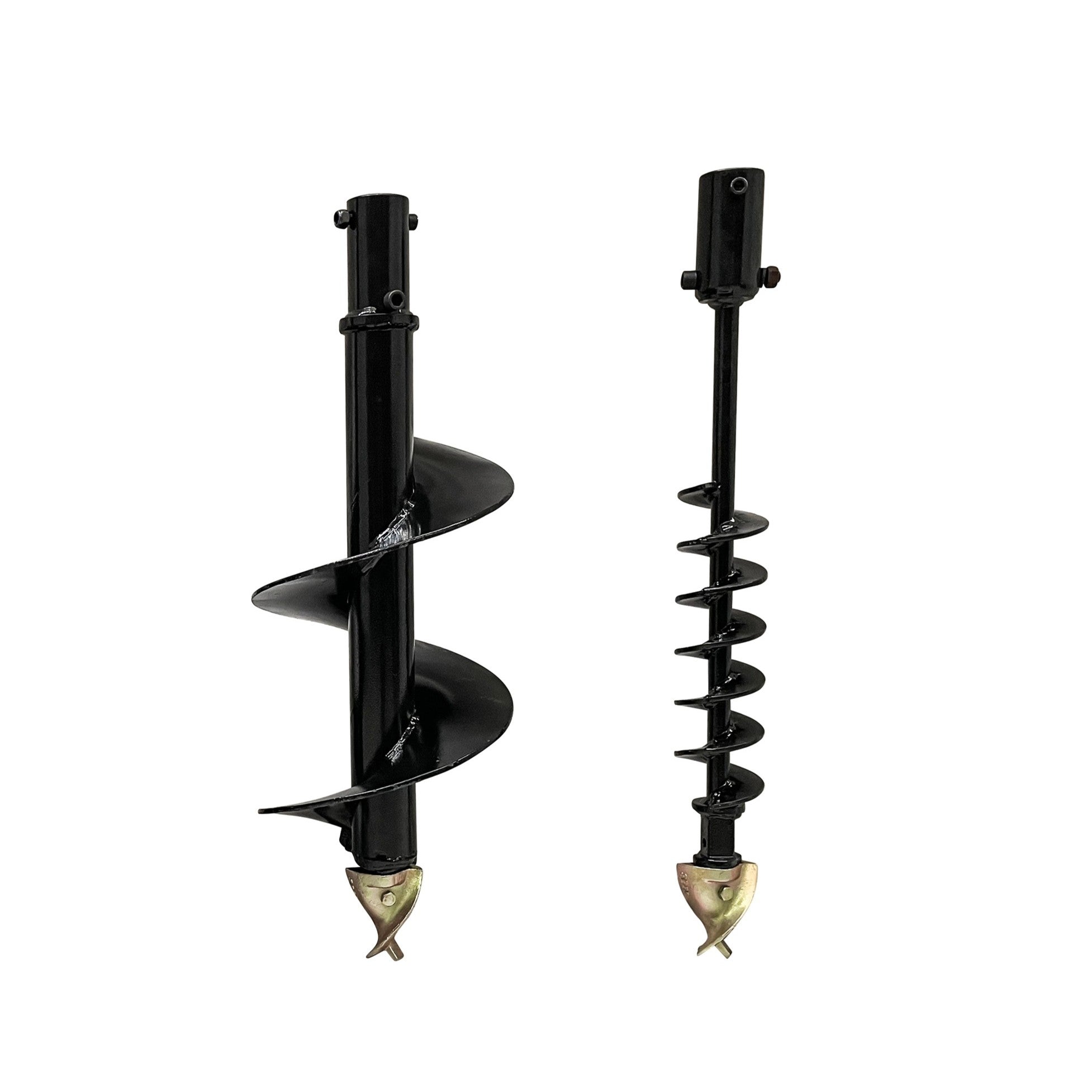 Two black metal augers (100mm and 300mm) from Paddock's Post Hole Digger Attachment stand upright on a white background. The left auger is thicker, while the right is narrower with more spirals—perfect for your mini loader.