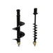 Two black metal augers (100mm and 300mm) from Paddock's Post Hole Digger Attachment stand upright on a white background. The left auger is thicker, while the right is narrower with more spirals—perfect for your mini loader.