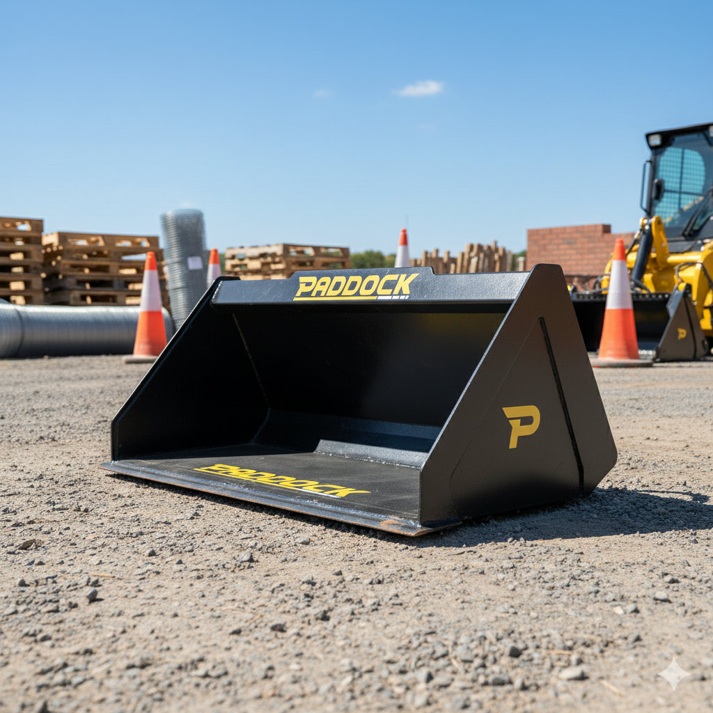 A Paddock Loader Bucket by Paddock sits on gravel at a construction site, surrounded by traffic cones, wooden pallets, and machinery under a clear sky. This robust black metal attachment is designed for demanding jobs.