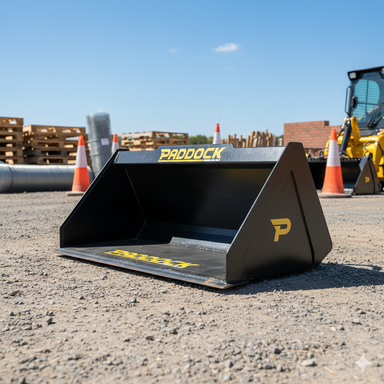 A Paddock Loader Bucket by Paddock sits on gravel at a construction site, surrounded by traffic cones, wooden pallets, and machinery under a clear sky. This robust black metal attachment is designed for demanding jobs.