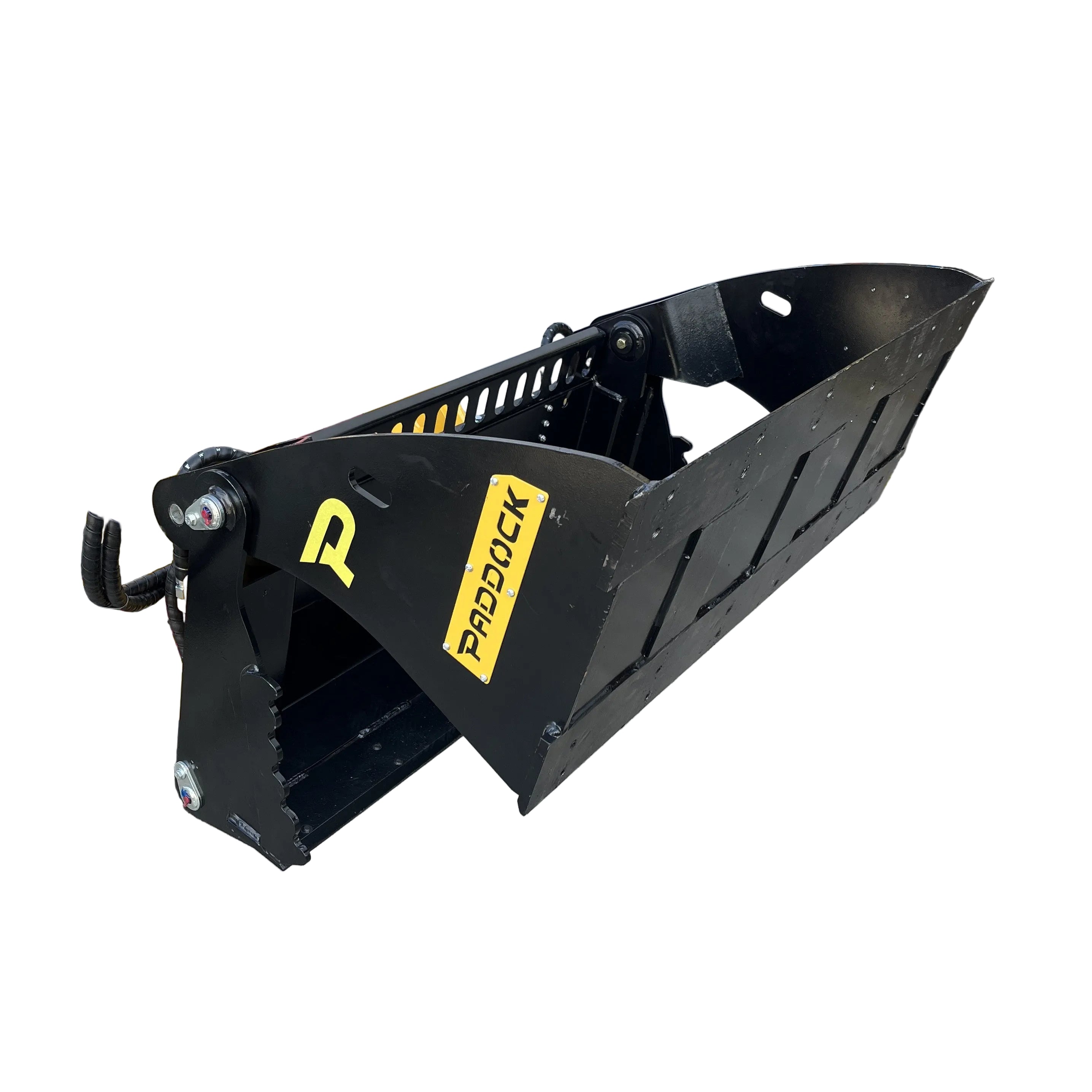 The Paddock 4in1 Bucket, a black skid steer loader attachment by Paddock, is shown on a white background. Designed for construction or landscaping, it features reinforced sides and a serrated edge for efficient digging or scooping.