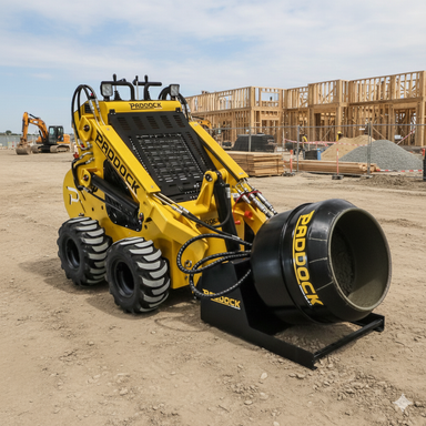 A yellow Paddock skid steer fitted with a Paddock Cement Mixer Attachment is parked on a construction site amid wooden frames and gravel piles.