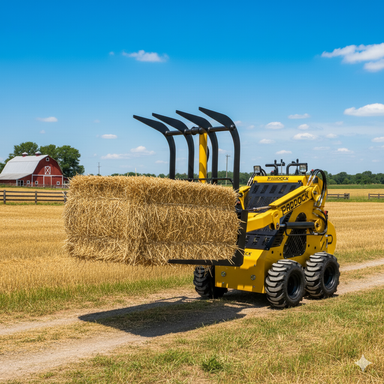A yellow skid steer loader with a Paddock Grapple Attachment lifts a large hay bale in a rural field, with a red barn and fence under a clear sky—a classic paddock machinery scene. Brand: Paddock.