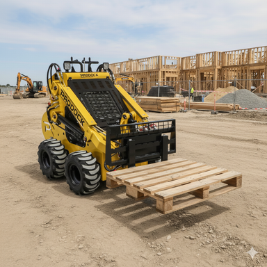 A Paddock Mini Loader, equipped with Paddock Mini Loader Forks, lifts a wooden pallet at a construction site, with unfinished wooden structures and building materials visible in the background.