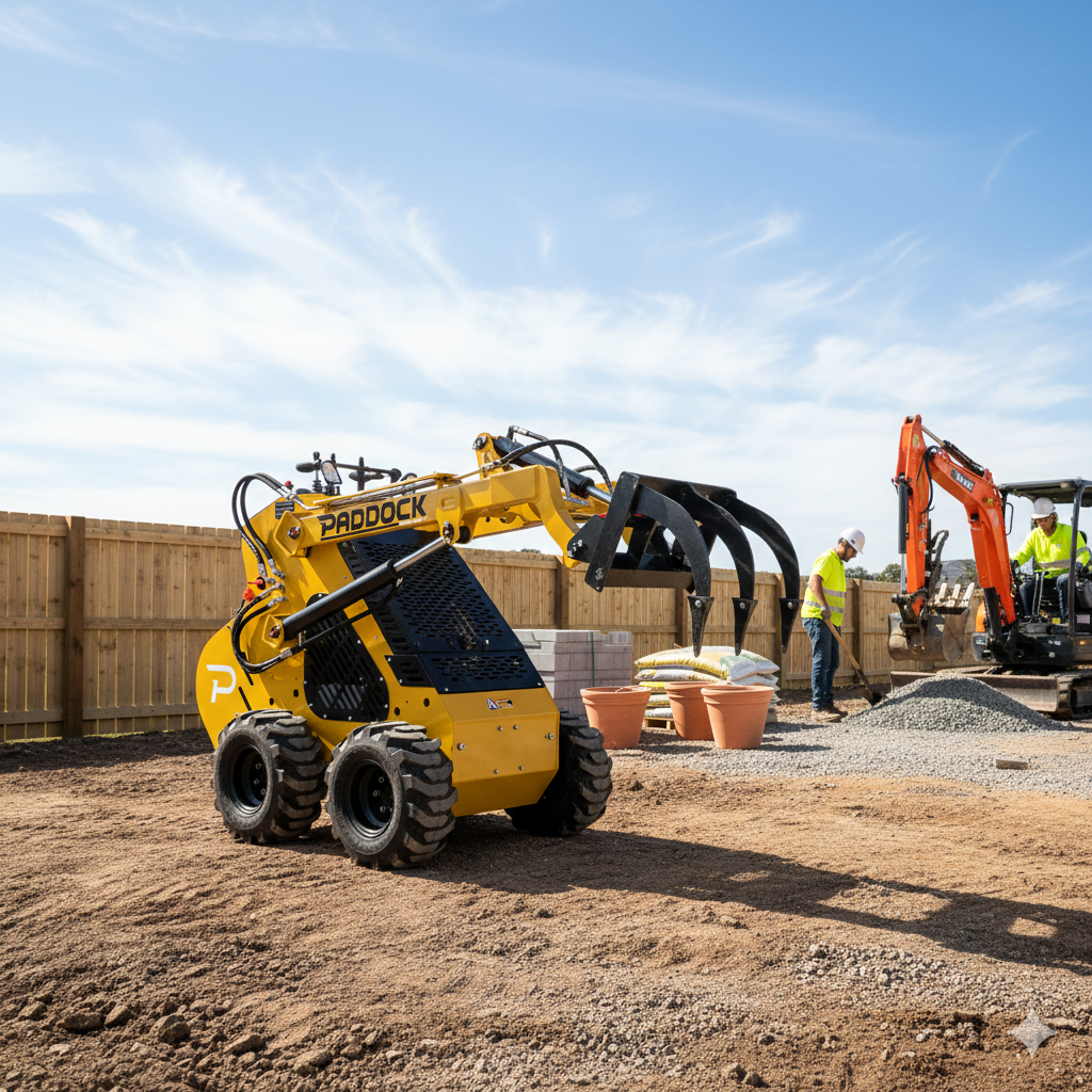 A Paddock mini loader with a Paddock Ripper Attachment moves material bags at a construction site, while workers and an orange excavator operate nearby, all within a wooden fence under a clear blue sky.