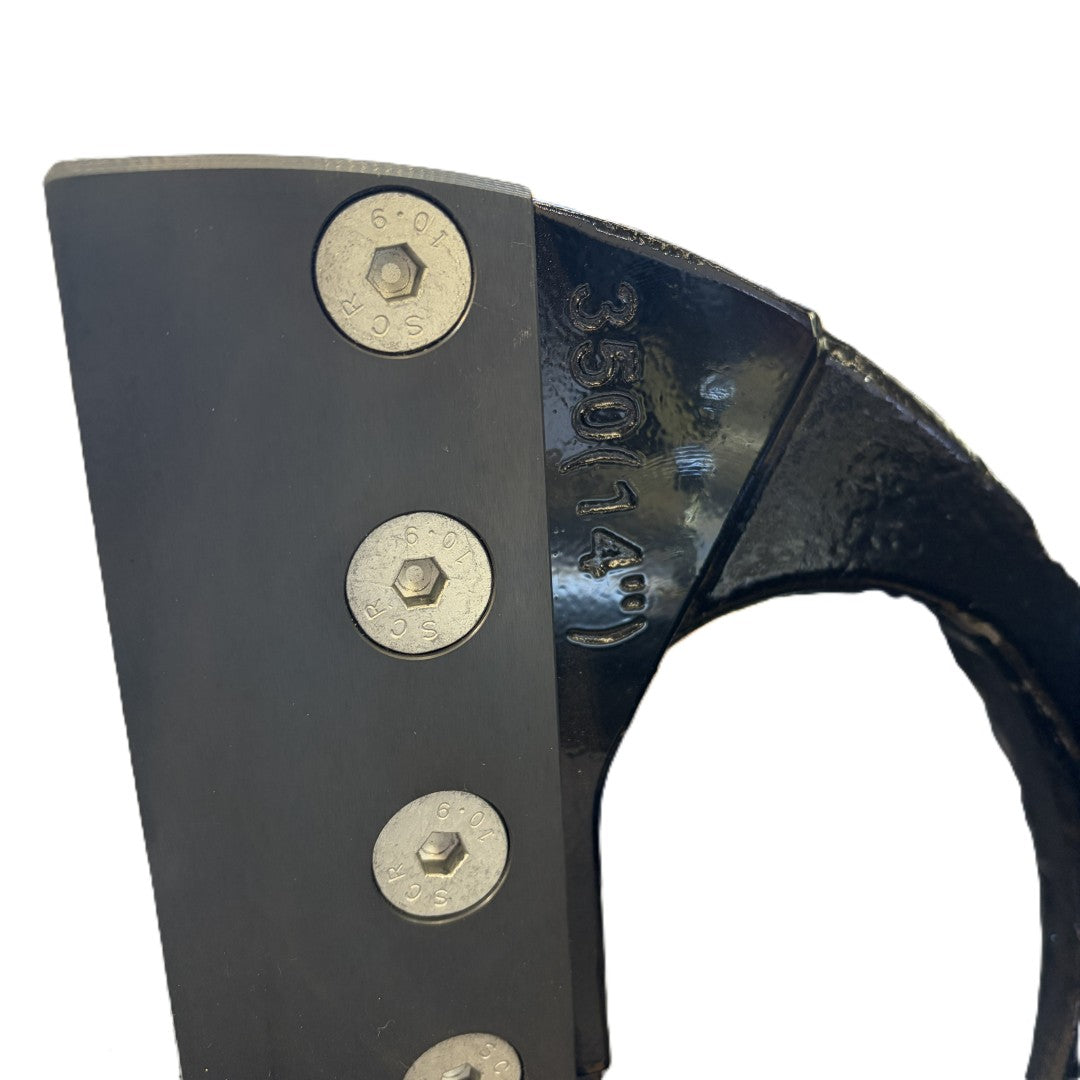 Close-up of a black metal blade with three hex screws and “350 (14)” engraved on the side, set against a plain background—part of the Paddock 350mm (14″) Stump Planer Attachment by Paddock, designed for efficient stump removal with mini loaders.