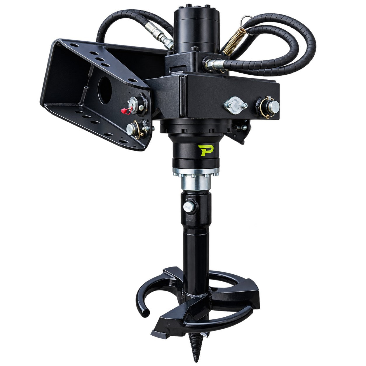 The Paddock 350mm (14″) Stump Planer Attachment by Paddock features a black hydraulic auger design with hoses and a spiral drill bit, engineered for heavy machinery. Ideal for heavy-duty stump planer applications and mini loader stump removal, this attachment is shown isolated on a white background.