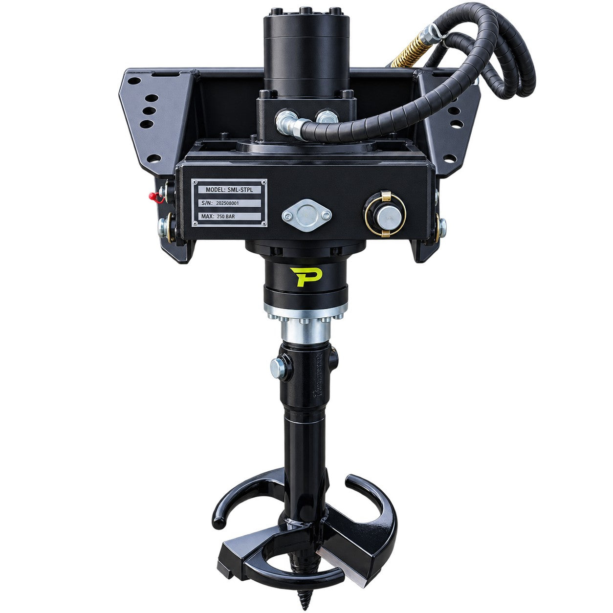 Introducing the Paddock 350mm (14″) Stump Planer Attachment from Paddock, featuring braided hoses, a labeled control box, and a robust spiral drill bit. Designed for use with construction equipment, this heavy-duty attachment is ideal for mini loader stump removal—providing reliable power and precision to tackle tough jobsites.