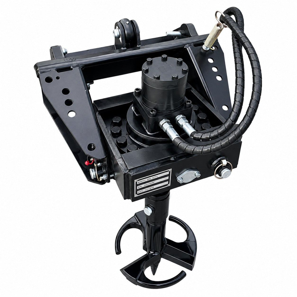 The Paddock 350mm (14″) Stump Planer Attachment by Paddock is a black hydraulic auger drive accessory complete with hoses and mounting plate, designed for use with heavy machinery such as excavators, skid steers, or mini loaders in stump removal applications. Featuring a rotating motor and auger bit and fully compatible with stump planer attachments, it enables efficient ground drilling and digging.