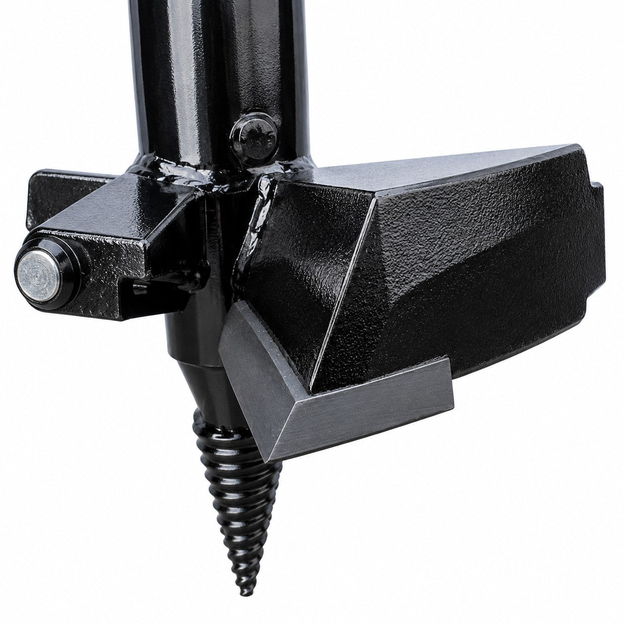 Close-up of the Paddock 350mm (14″) Stump Planer Attachment by Paddock, featuring a black metal design with a conical screw tip and angled splitting wedge. Designed for use with heavy machinery, it is ideal as a stump planer attachment for mini loader stump removal or other heavy-duty stump planer applications. The background is plain white.