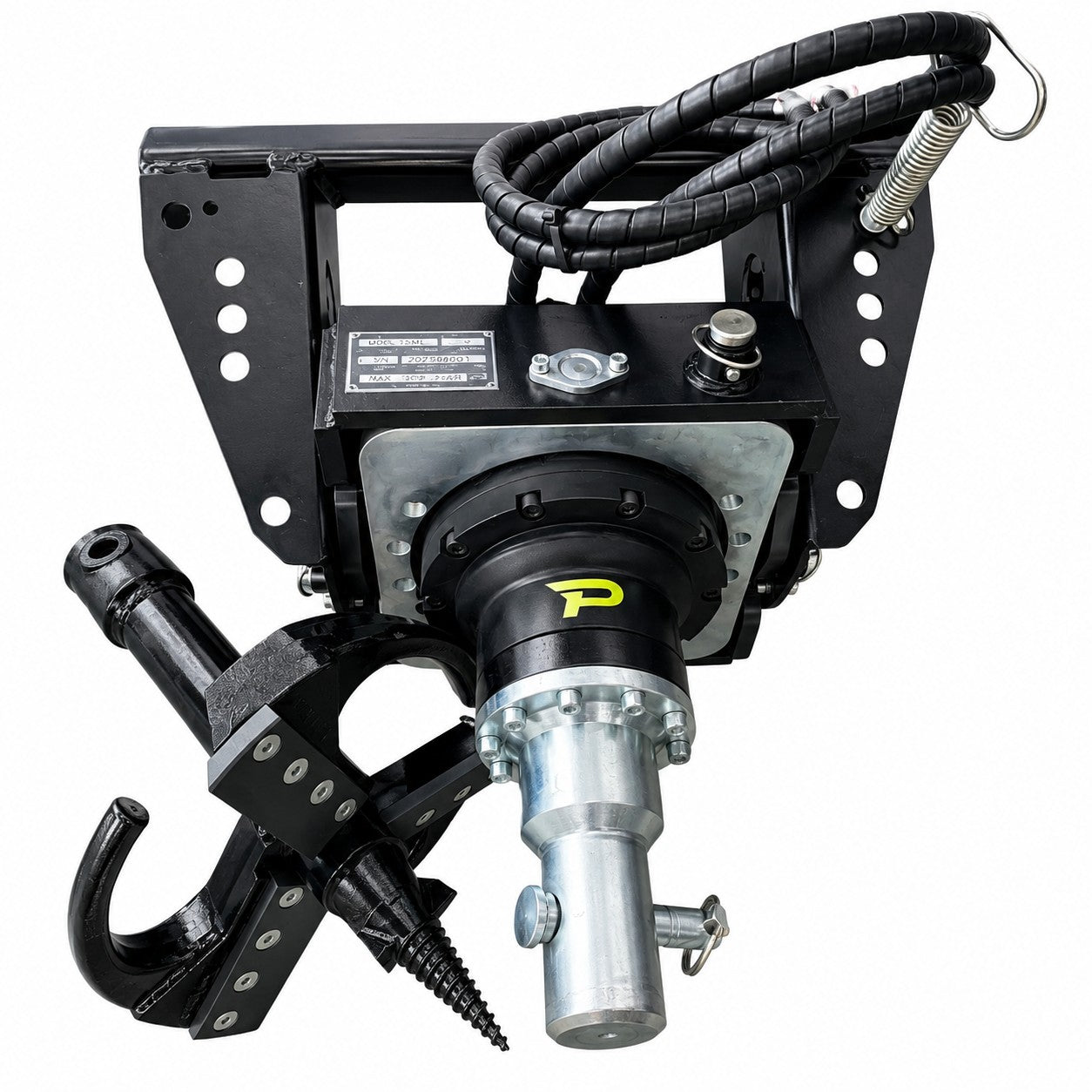 The Paddock 350mm (14″) Stump Planer Attachment by Paddock features a durable black steel frame, hydraulic hoses, and a drill bit designed for heavy machinery. Its tool head is equipped with a hook and pointed auger, making it perfect for digging or anchoring tasks. Compatible with stump planer attachments, this industrial-grade tool is ideal for use with mini loaders to efficiently remove stumps.