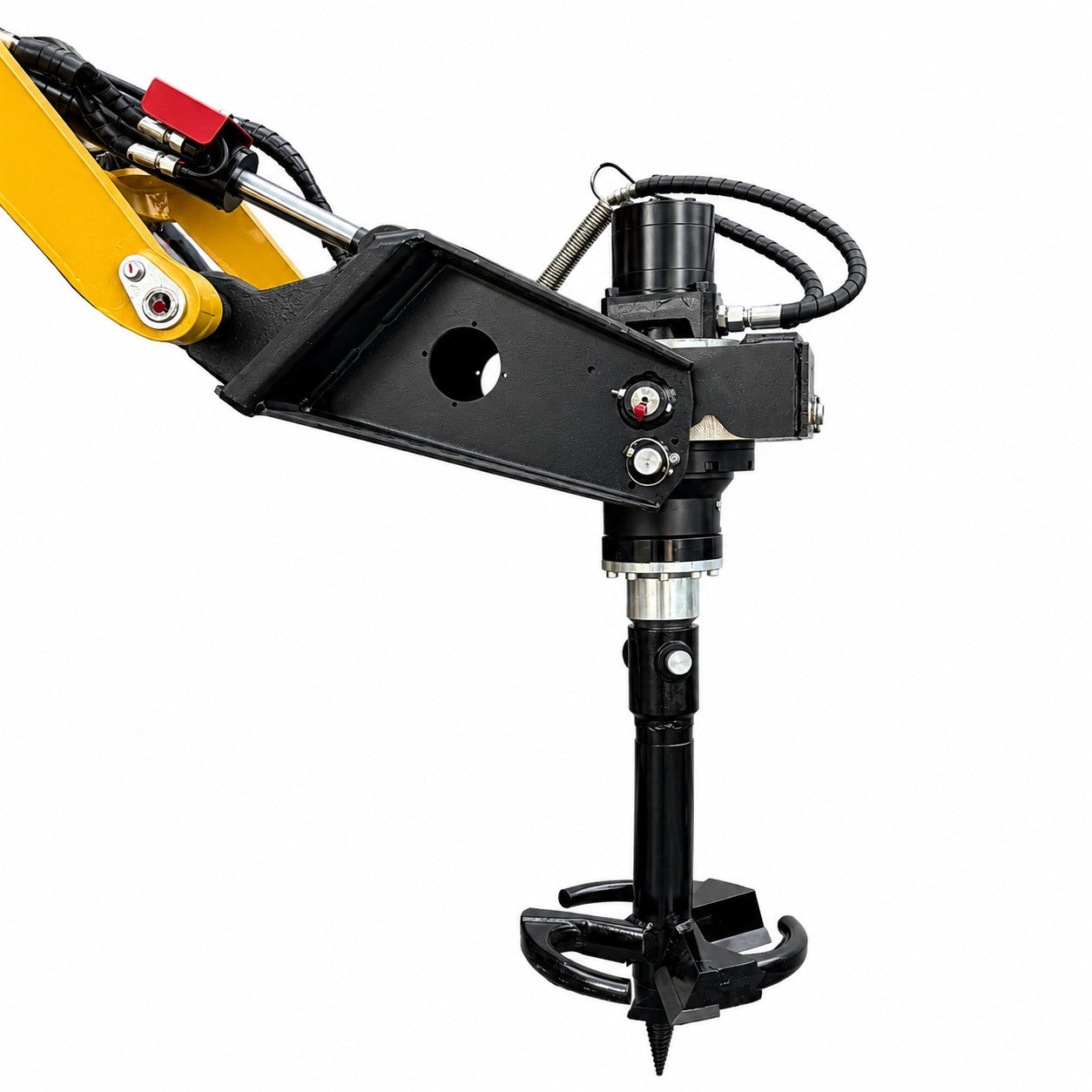 A close-up of the Paddock 350mm (14″) Stump Planer Attachment in yellow and black, featuring hydraulic hoses and mounted to heavy machinery, isolated on a white background. This heavy-duty attachment by Paddock is engineered for efficient mini loader stump removal, delivering robust performance as a versatile stump planer solution.