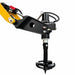 A close-up of the Paddock 350mm (14″) Stump Planer Attachment in yellow and black, featuring hydraulic hoses and mounted to heavy machinery, isolated on a white background. This heavy-duty attachment by Paddock is engineered for efficient mini loader stump removal, delivering robust performance as a versatile stump planer solution.